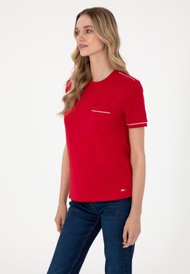 Kadın Kırmızı Modal Karışımlı Bisiklet Yaka Tişört - 50312942022