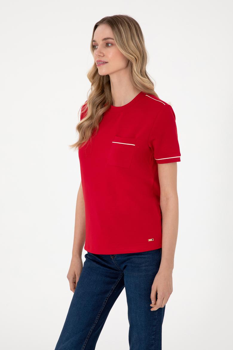Kadın Kırmızı Modal Karışımlı Bisiklet Yaka Tişört - 50312942022
