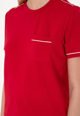 Kadın Kırmızı Modal Karışımlı Bisiklet Yaka Tişört - 50312942022