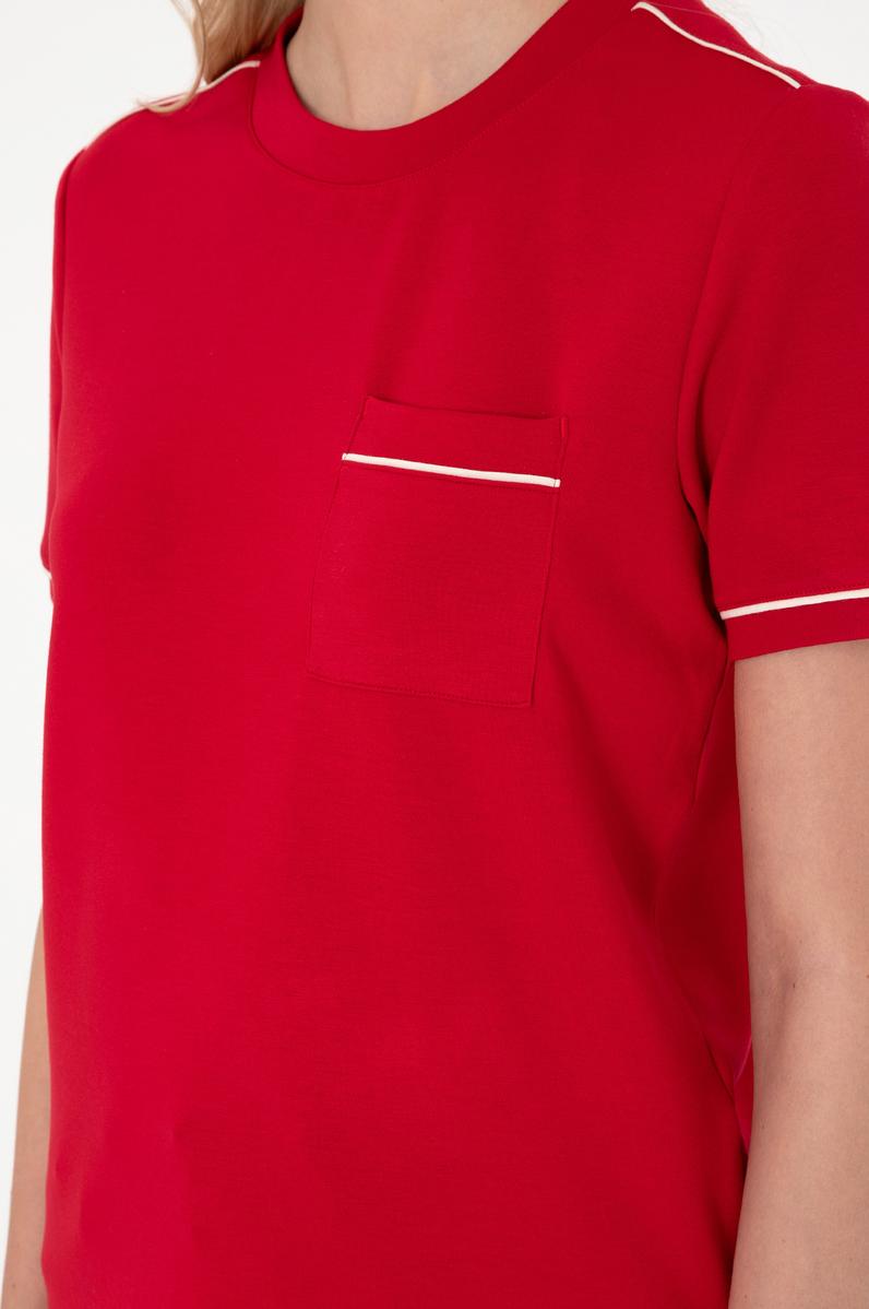 Kadın Kırmızı Modal Karışımlı Bisiklet Yaka Tişört