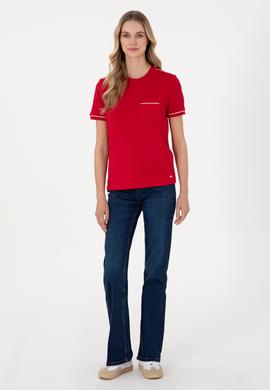 Kadın Kırmızı Modal Karışımlı Bisiklet Yaka Tişört - 50312942022