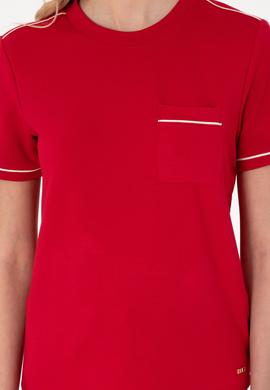 Kadın Kırmızı Modal Karışımlı Bisiklet Yaka Tişört - 50312942022
