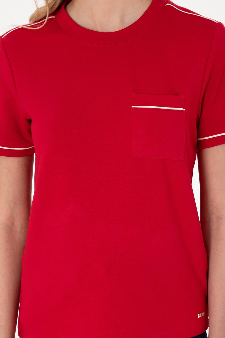 Kadın Kırmızı Modal Karışımlı Bisiklet Yaka Tişört - 50312942022