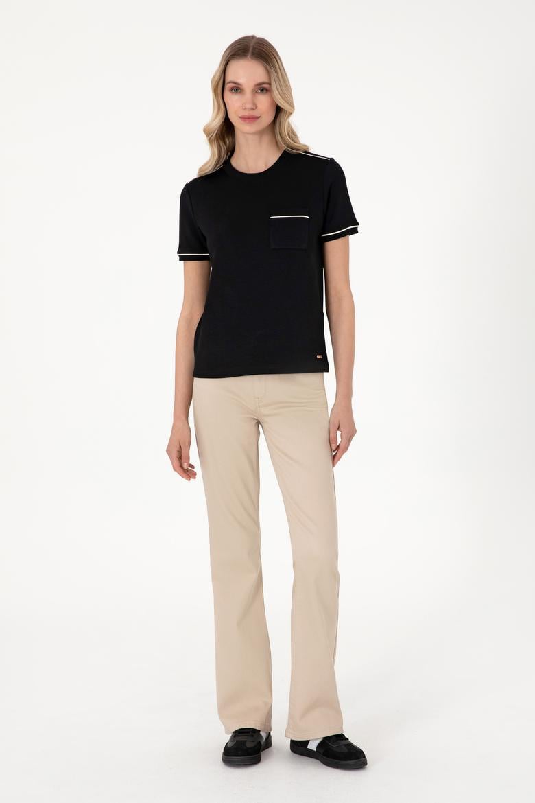 Kadın Siyah Modal Karışımlı Bisiklet Yaka Tişört - 50312942003