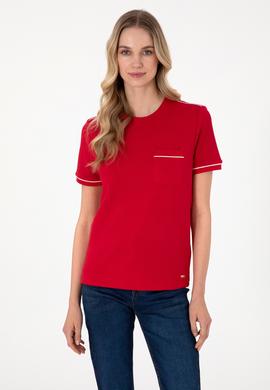 Kadın Kırmızı Modal Karışımlı Bisiklet Yaka Tişört - 50312942022