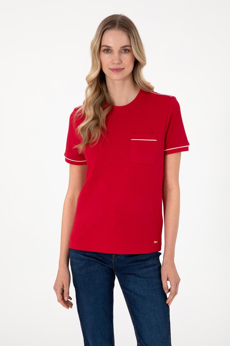 Kadın Kırmızı Modal Karışımlı Bisiklet Yaka Tişört