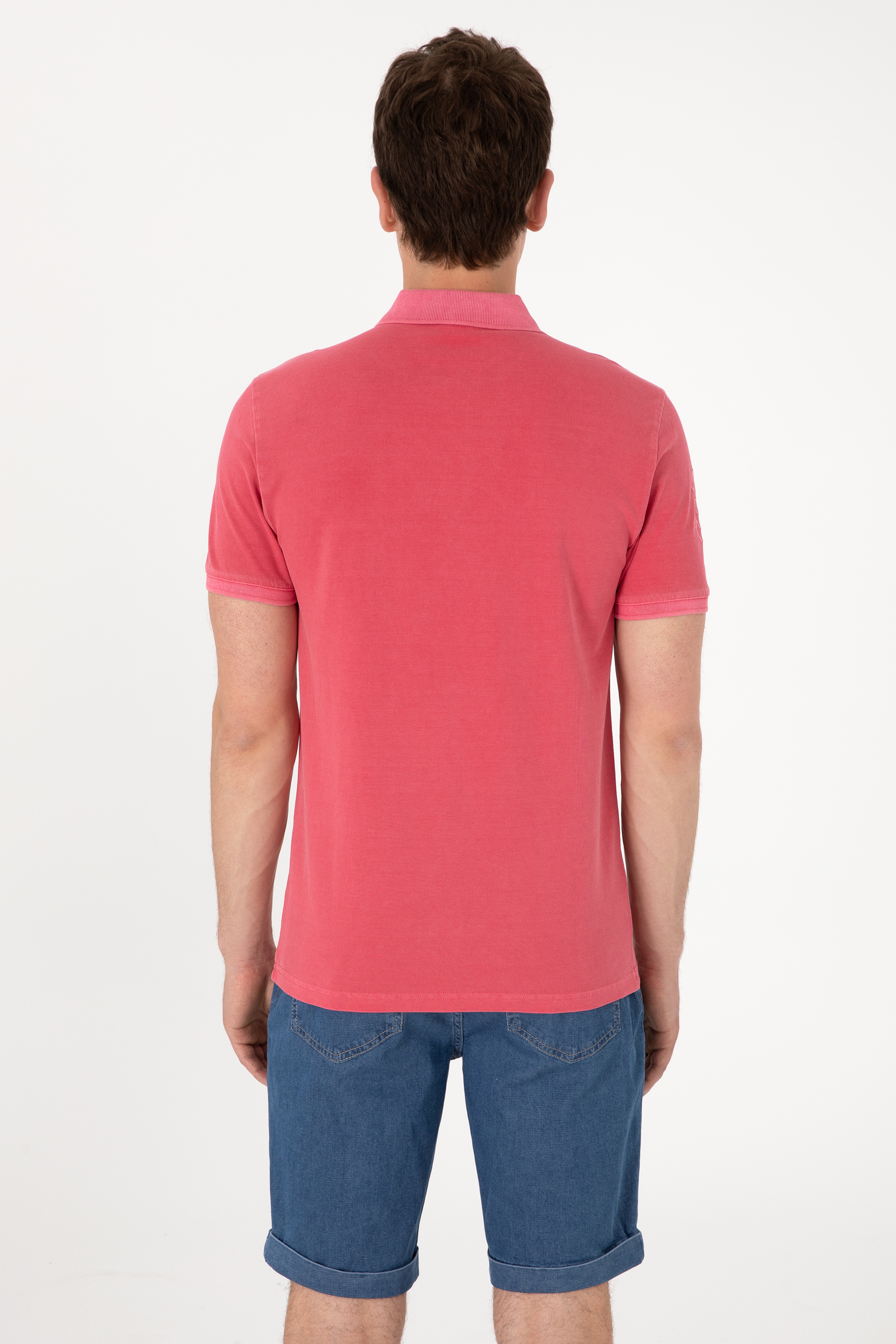 Erkek Slim Fit Polo Yaka Pembe Yıkamalı Basic Tişört - Image 5