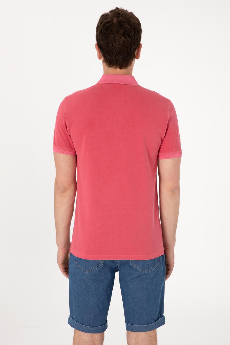 Erkek Slim Fit Polo Yaka Pembe Yıkamalı Basic Tişört - 50298053167