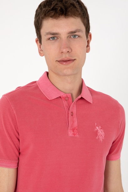 Erkek Slim Fit Polo Yaka Pembe Yıkamalı Basic Tişört