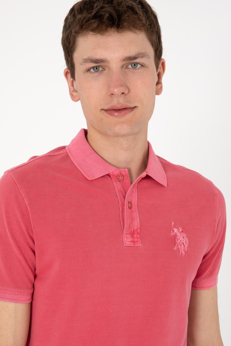 Erkek Slim Fit Polo Yaka Pembe Yıkamalı Basic Tişört - 50298053167