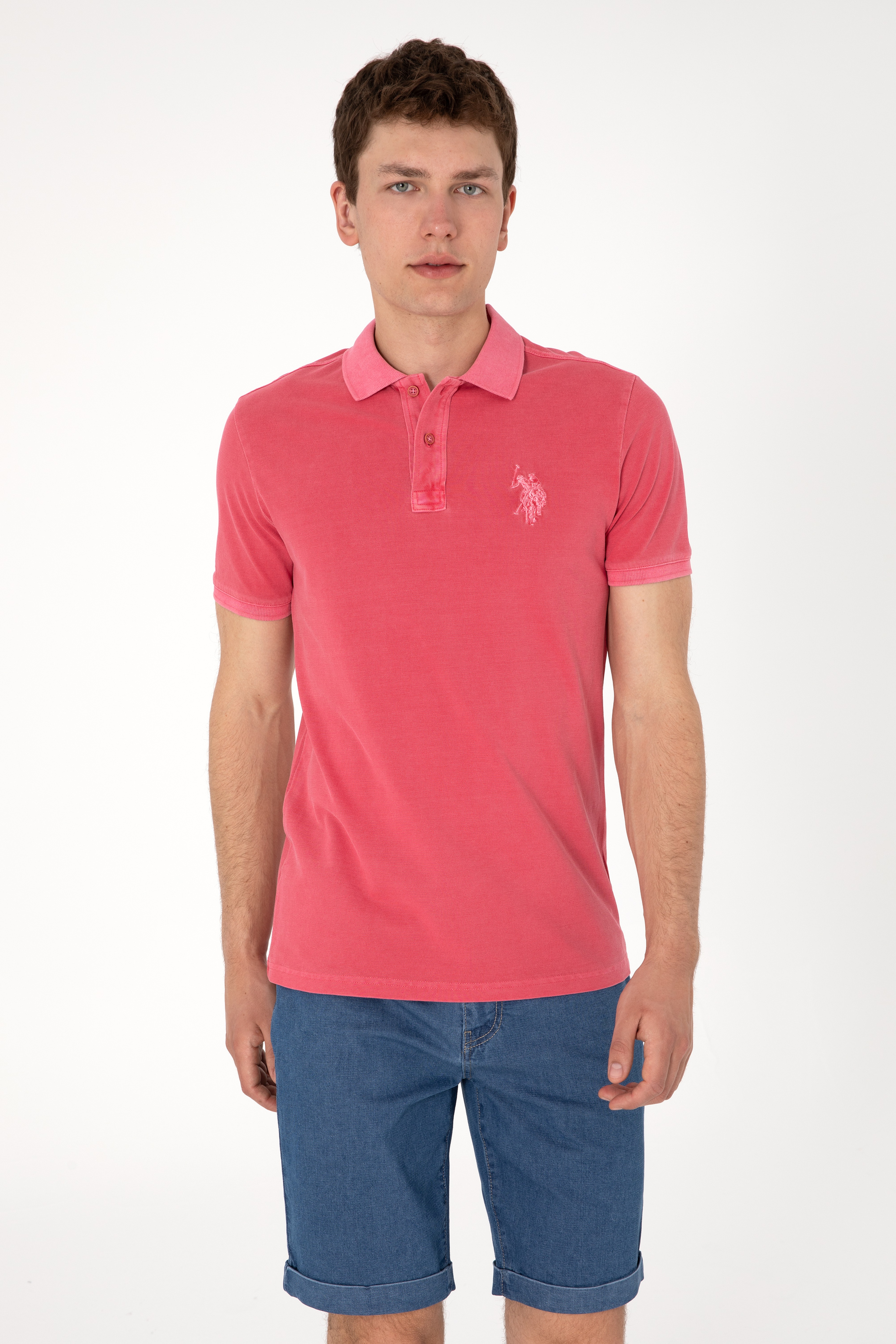 Erkek Slim Fit Polo Yaka Pembe Yıkamalı Basic Tişört - Image 1