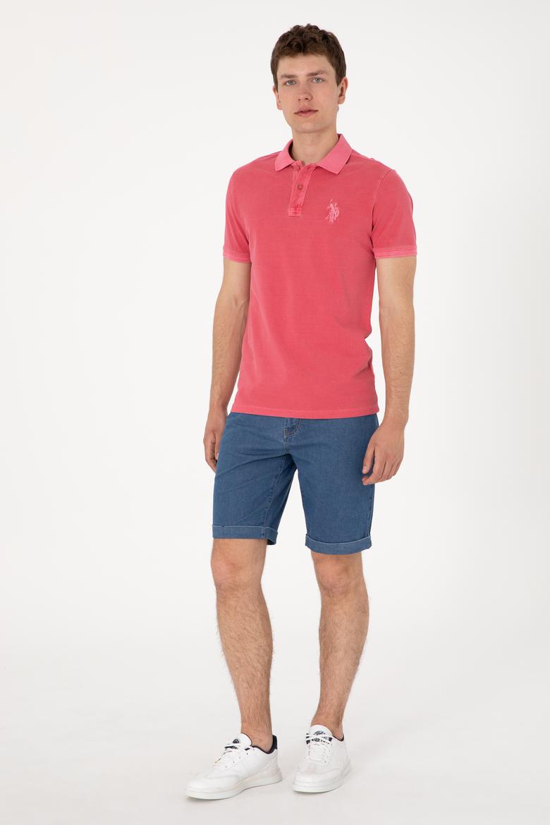 Erkek Slim Fit Polo Yaka Pembe Yıkamalı Basic Tişört - 50298053167
