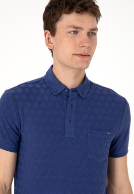 Erkek Slim Fit Polo Yaka Cepli Açık Lacivert Dokulu Tişört - 50300036018