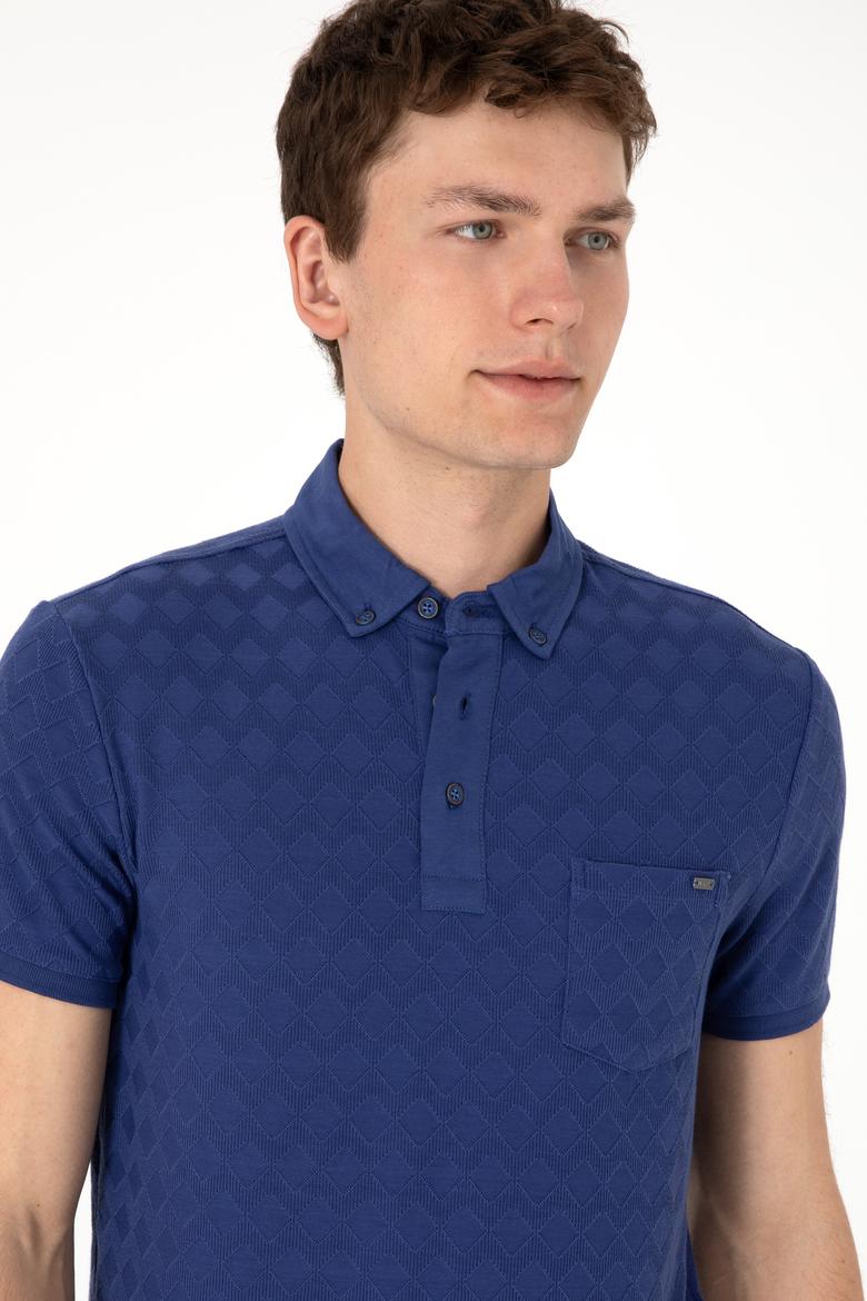 Erkek Slim Fit Polo Yaka Cepli Açık Lacivert Dokulu Tişört - 50300036018