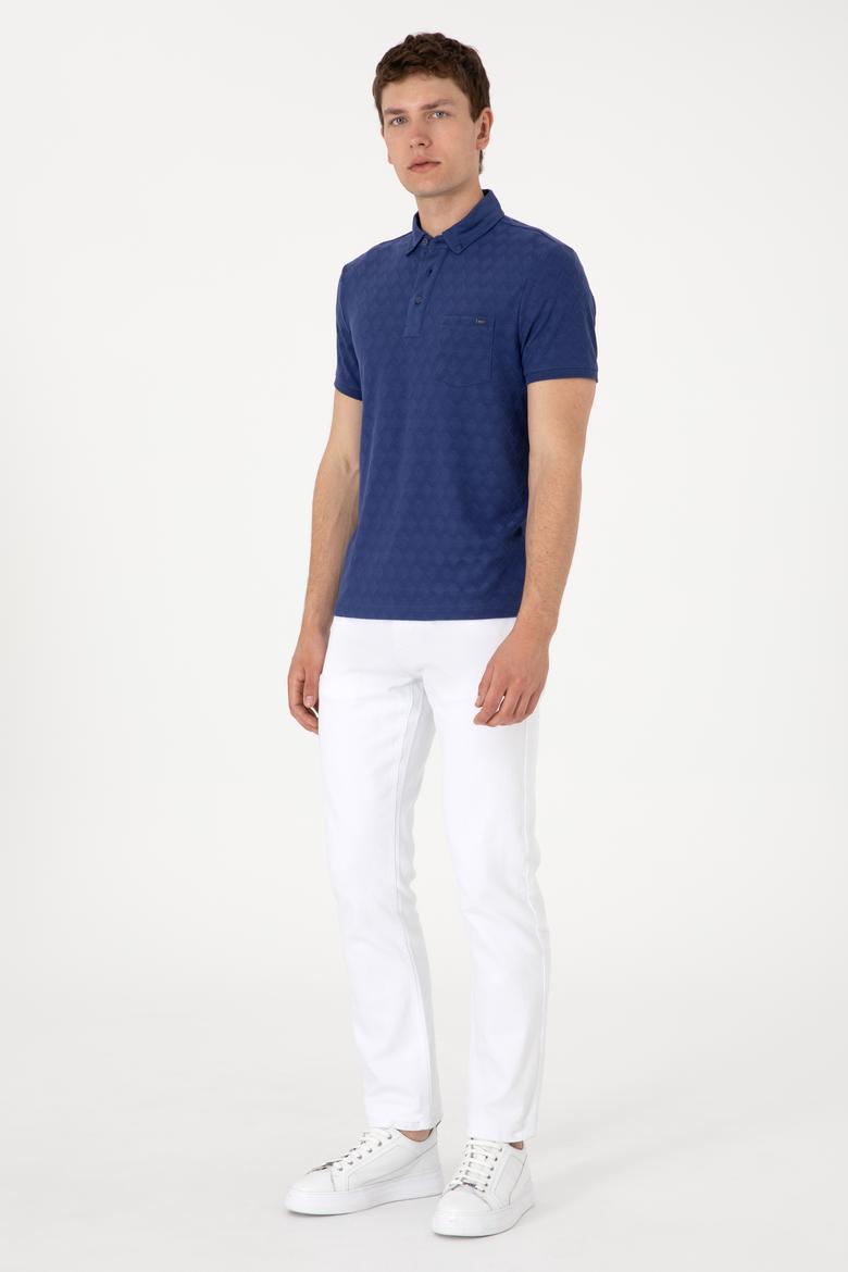 Erkek Slim Fit Polo Yaka Cepli Açık Lacivert Dokulu Tişört - 50300036018