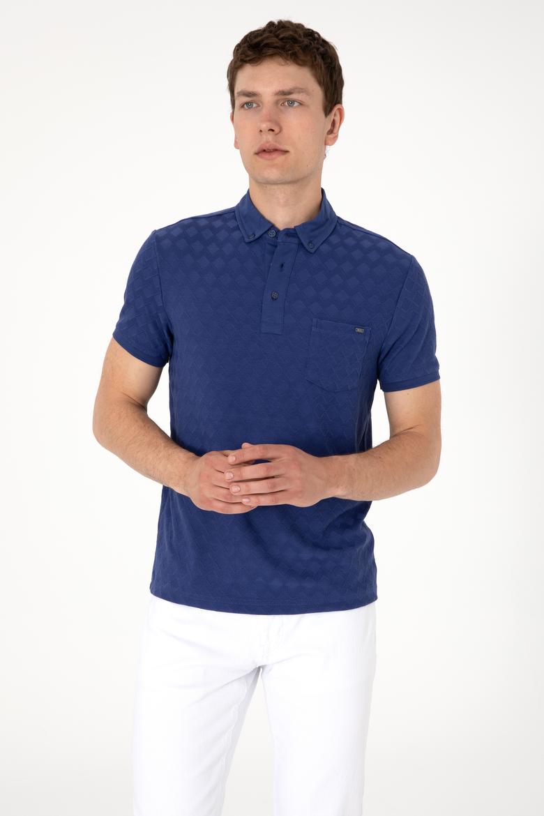 Erkek Slim Fit Polo Yaka Cepli Açık Lacivert Dokulu Tişört - 50300036018