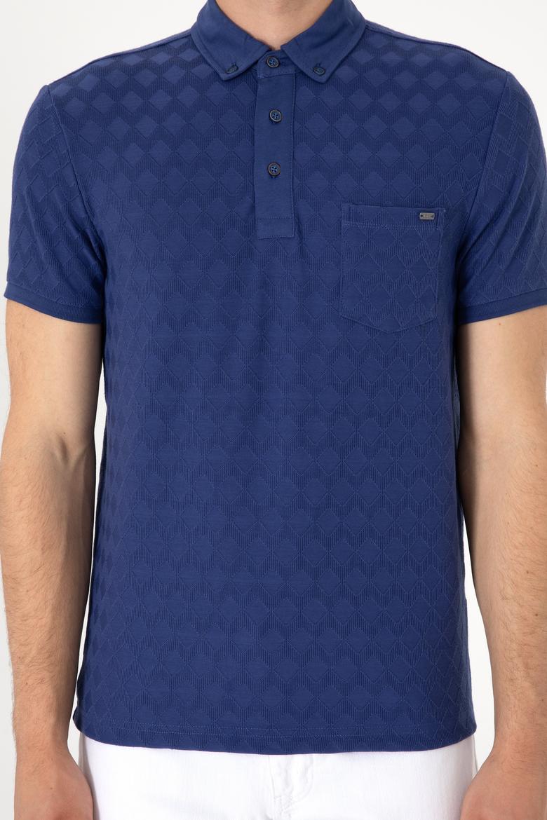 Erkek Slim Fit Polo Yaka Cepli Açık Lacivert Dokulu Tişört - 50300036018
