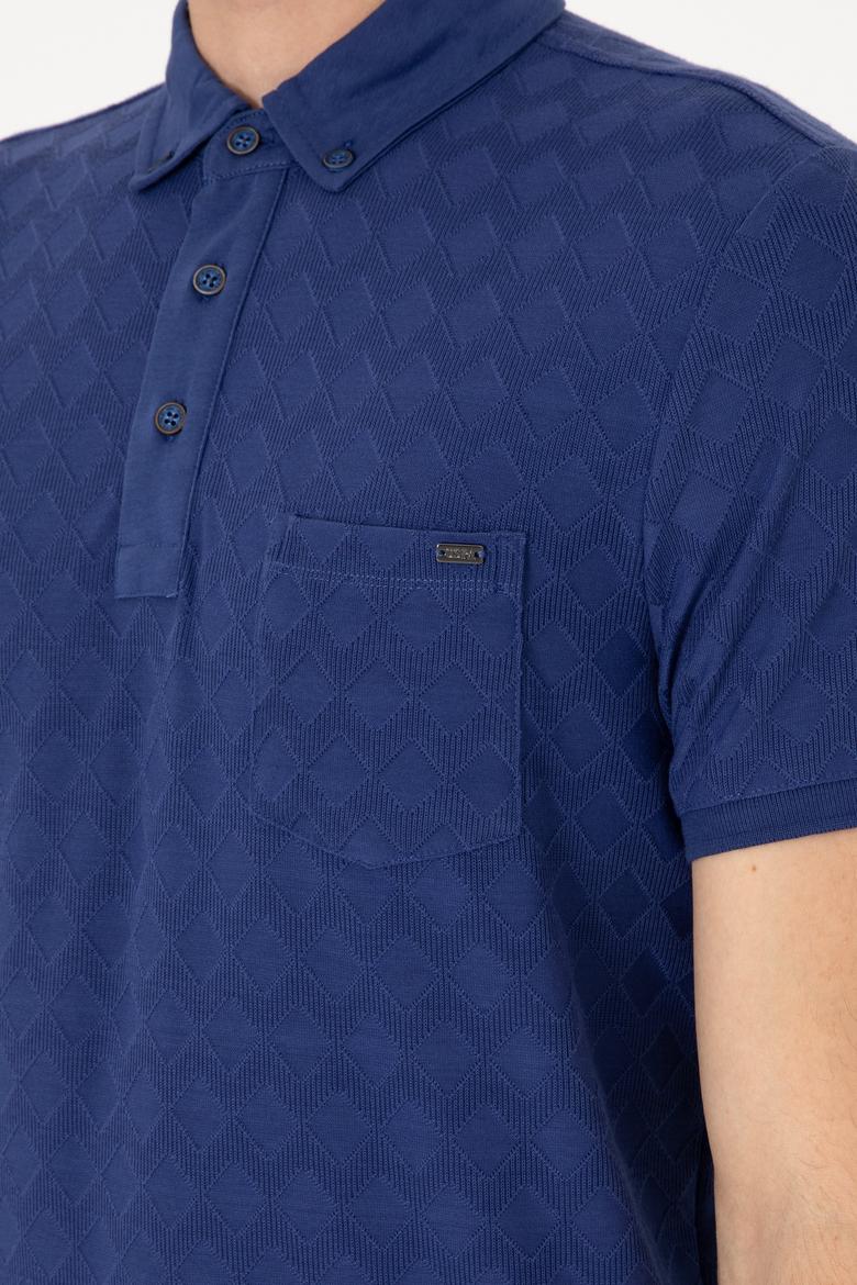 Erkek Slim Fit Polo Yaka Cepli Açık Lacivert Dokulu Tişört - 50300036018