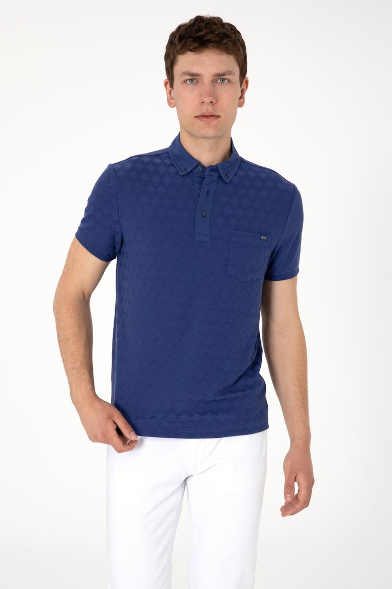 Erkek Slim Fit Polo Yaka Cepli Açık Lacivert Dokulu Tişört
