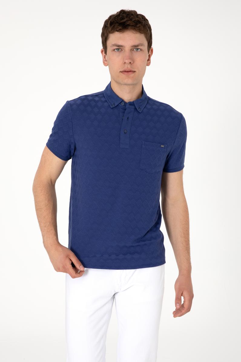 Erkek Slim Fit Polo Yaka Cepli Açık Lacivert Dokulu Tişört