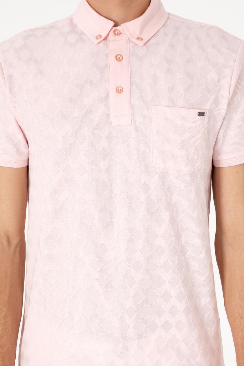 Erkek Slim Fit Polo Yaka Cepli Açık Pembe Dokulu Tişört - 50300036027