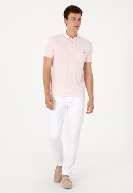 Erkek Slim Fit Polo Yaka Cepli Açık Pembe Dokulu Tişört - 50300036027