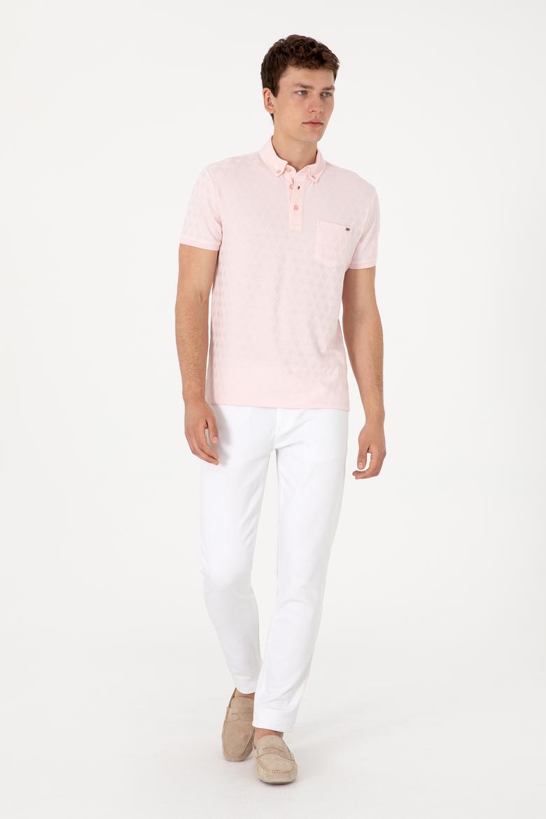 Erkek Slim Fit Polo Yaka Cepli Açık Pembe Dokulu Tişört - 50300036027