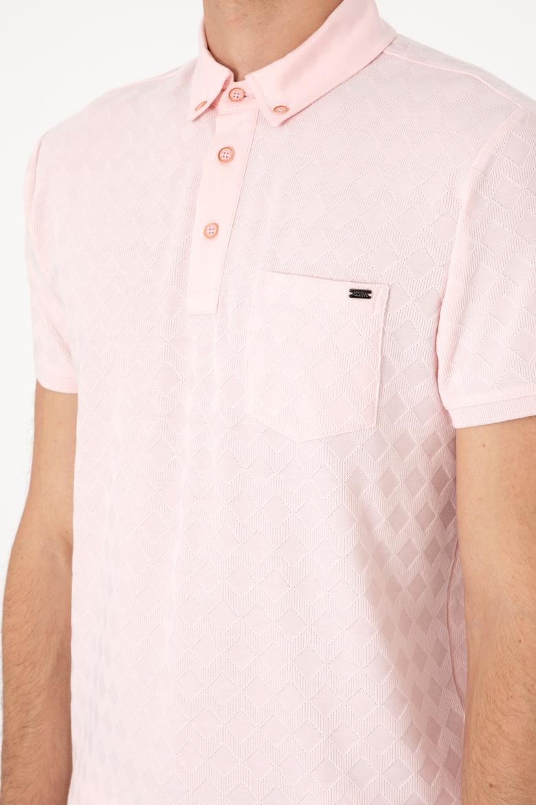Erkek Slim Fit Polo Yaka Cepli Açık Pembe Dokulu Tişört - 50300036027