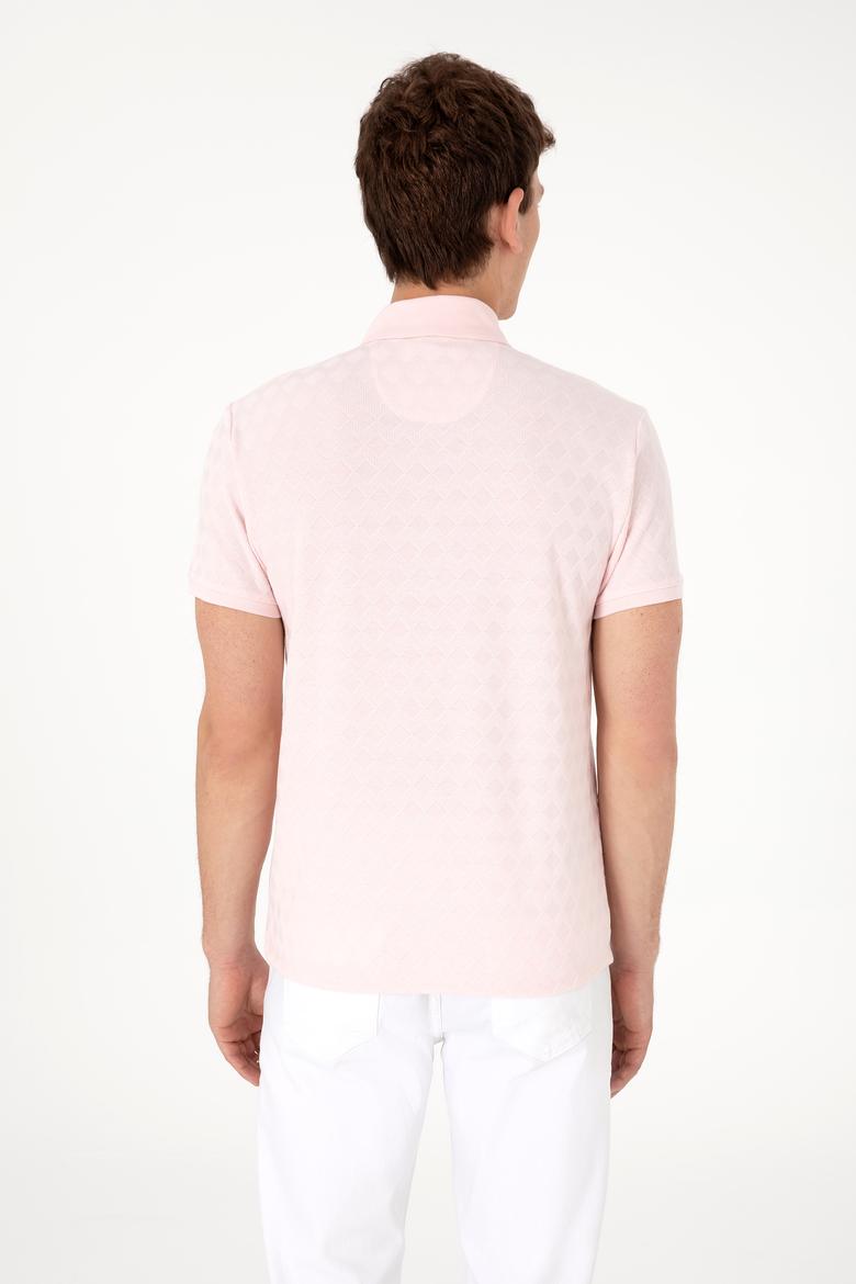 Erkek Slim Fit Polo Yaka Cepli Açık Pembe Dokulu Tişört - 50300036027