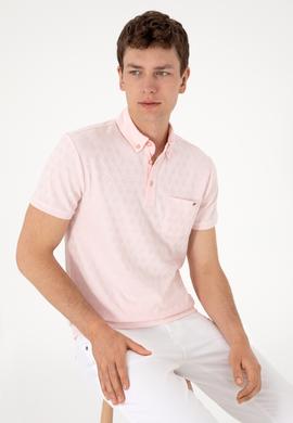 Erkek Slim Fit Polo Yaka Cepli Açık Pembe Dokulu Tişört - 50300036027