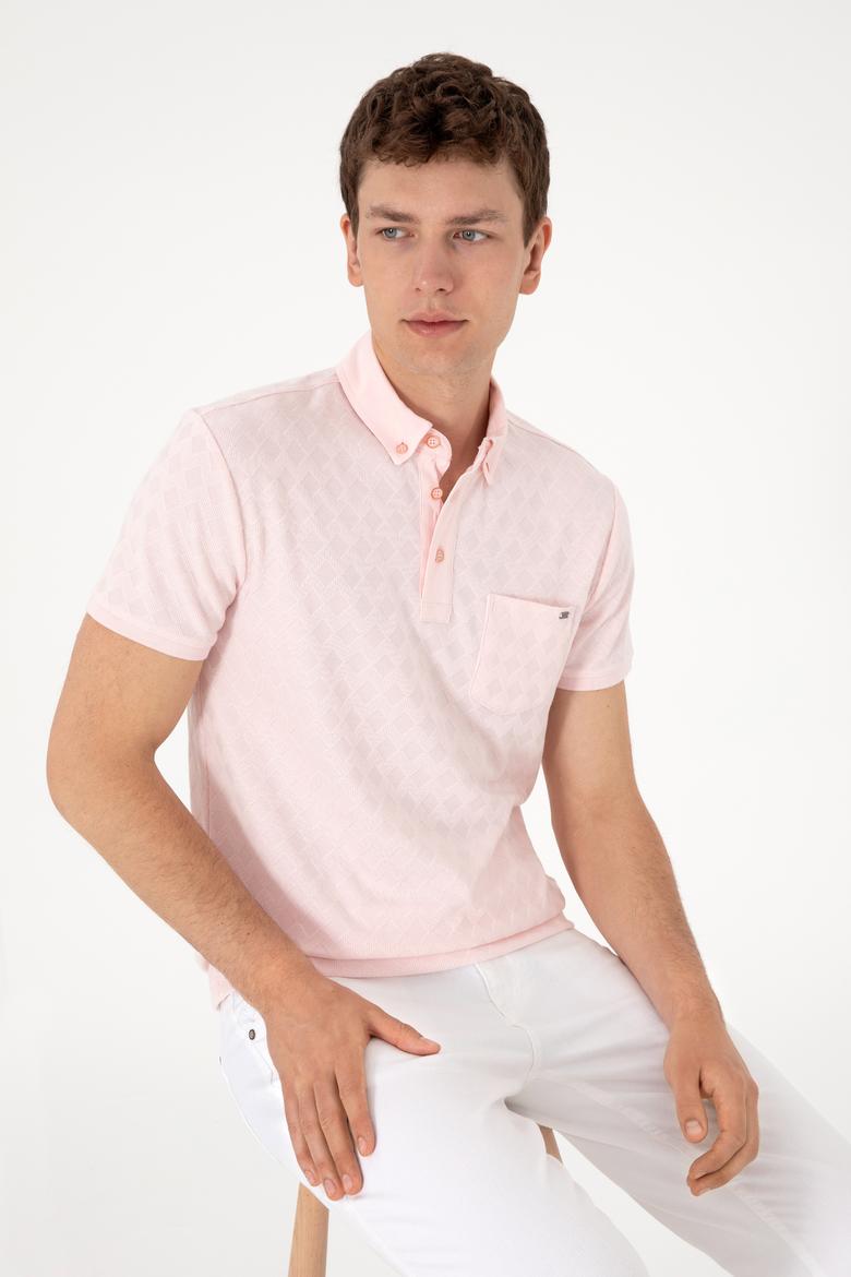 Erkek Slim Fit Polo Yaka Cepli Açık Pembe Dokulu Tişört - 50300036027