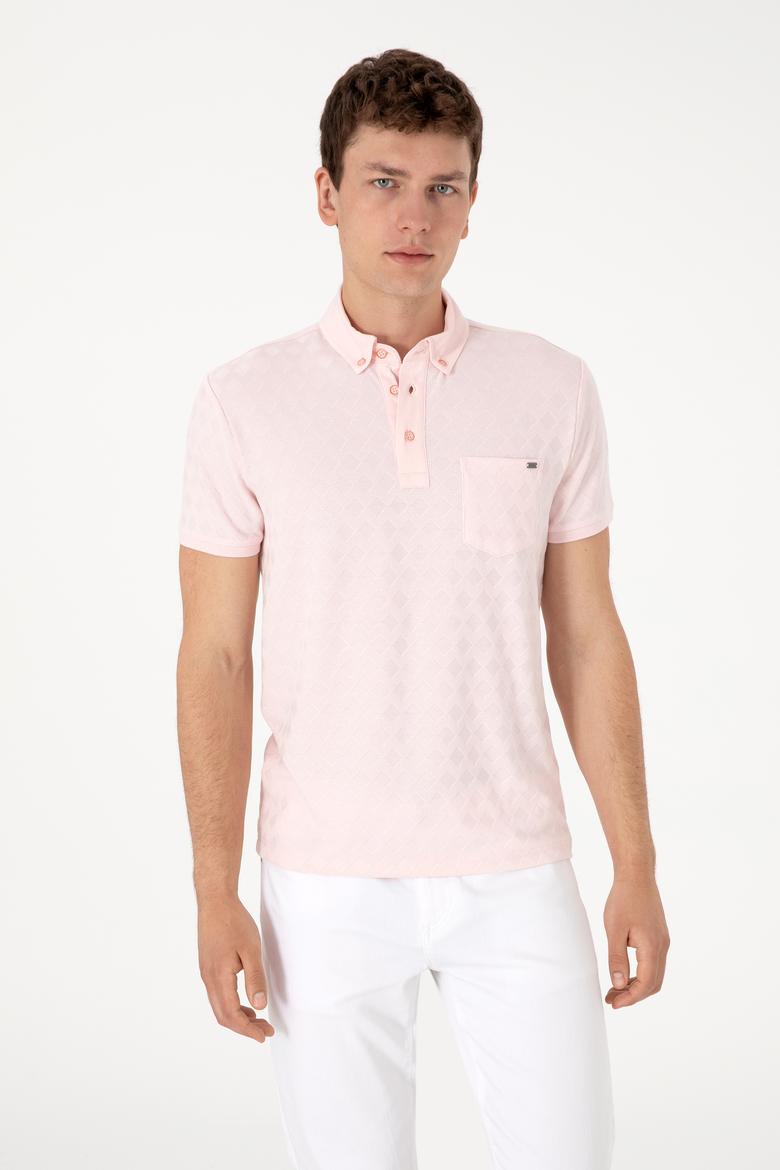 Erkek Slim Fit Polo Yaka Cepli Açık Pembe Dokulu Tişört