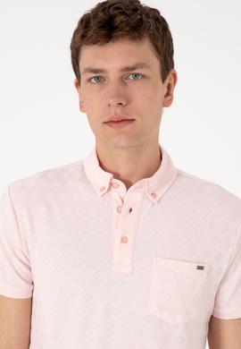 Erkek Slim Fit Polo Yaka Cepli Açık Pembe Dokulu Tişört - 50300036027