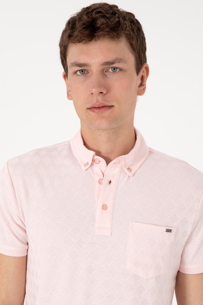 Erkek Slim Fit Polo Yaka Cepli Açık Pembe Dokulu Tişört - 50300036027