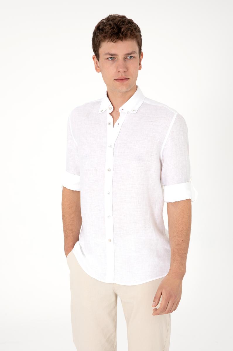 Erkek Beyaz Keten Gömlek