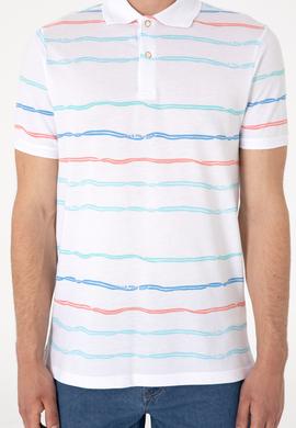 Erkek Regular Fit Polo Yaka Beyaz Çizgili Tişört - 50299642013
