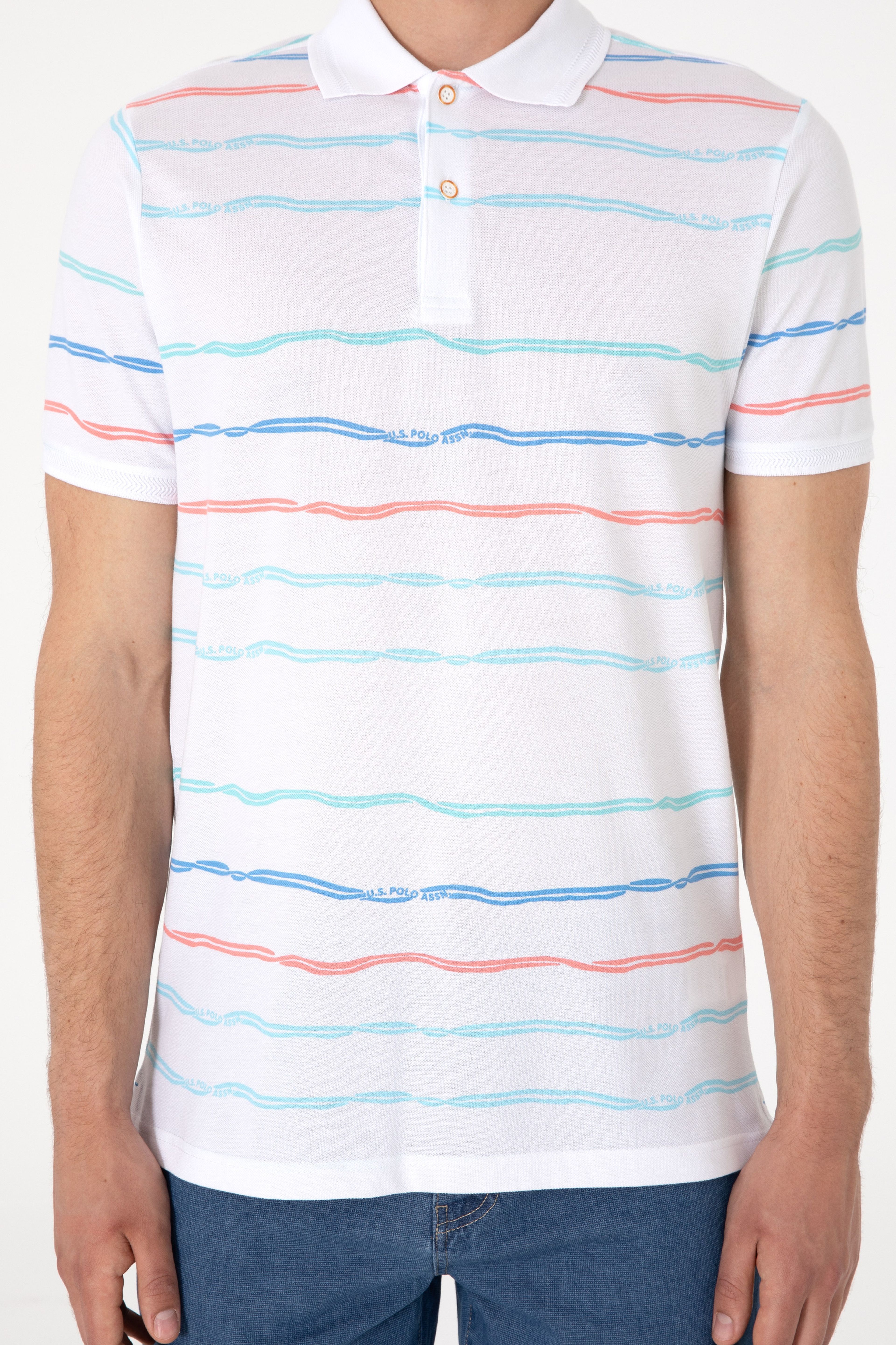 Erkek Regular Fit Polo Yaka Beyaz Çizgili Tişört - Image 6