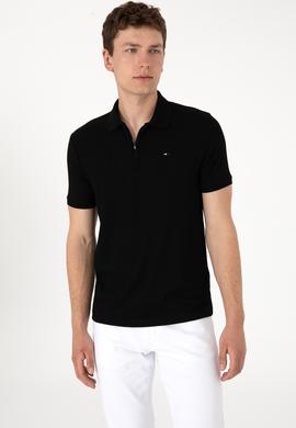 Erkek Regular Fit Fermuarlı Siyah Dokulu Tişört - 50299583021
