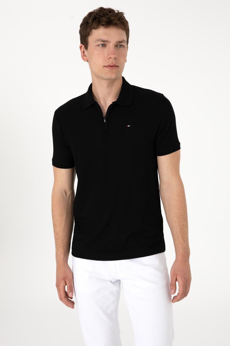 Erkek Regular Fit Fermuarlı Siyah Dokulu Tişört - 50299583021