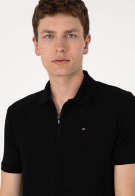 Erkek Regular Fit Fermuarlı Siyah Dokulu Tişört - 50299583021