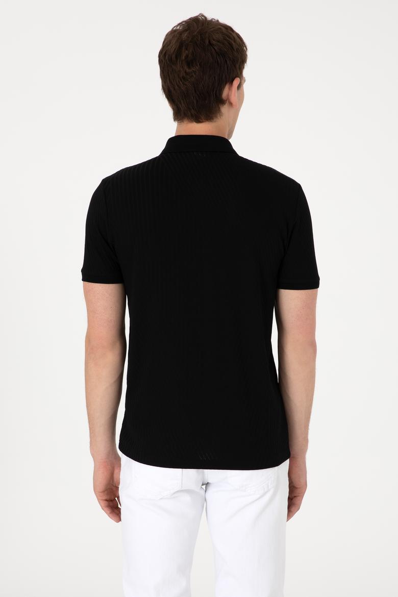 Erkek Regular Fit Fermuarlı Siyah Dokulu Tişört - 50299583021