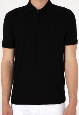 Erkek Regular Fit Fermuarlı Siyah Dokulu Tişört - 50299583021