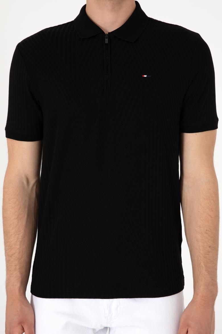 Erkek Regular Fit Fermuarlı Siyah Dokulu Tişört - 50299583021