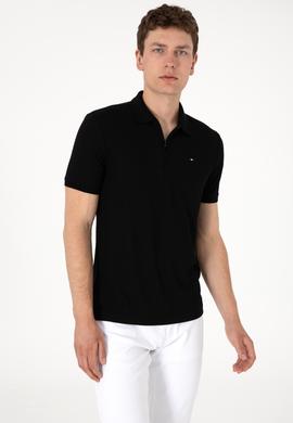 Erkek Regular Fit Fermuarlı Siyah Dokulu Tişört - 50299583021