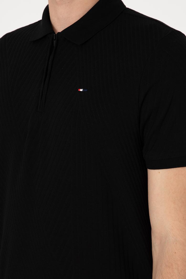 Erkek Regular Fit Fermuarlı Siyah Dokulu Tişört - 50299583021
