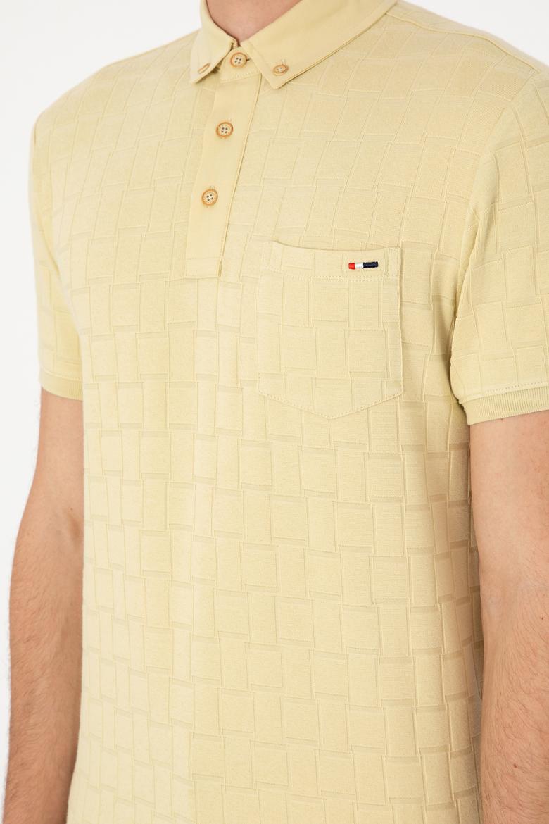 Erkek Slim Fit Polo Yaka Cepli Açık Haki Dokulu Tişört - 50300084001