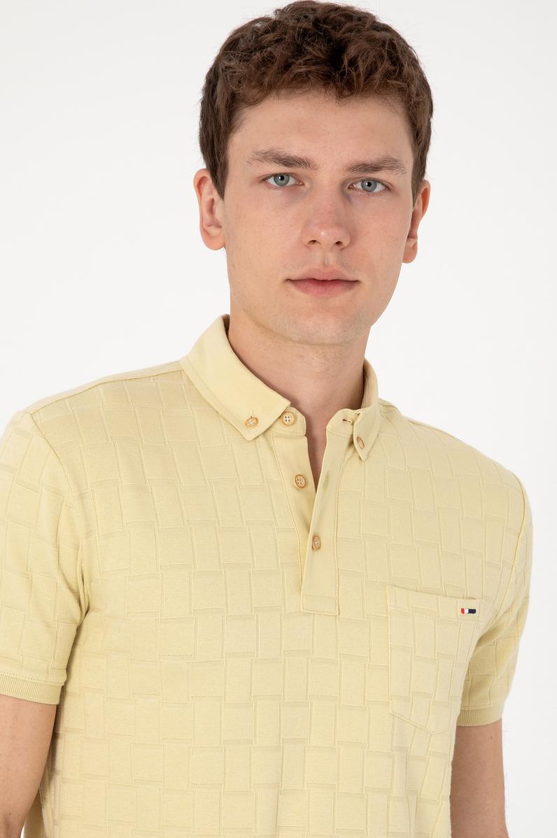 Erkek Slim Fit Polo Yaka Cepli Açık Haki Dokulu Tişört