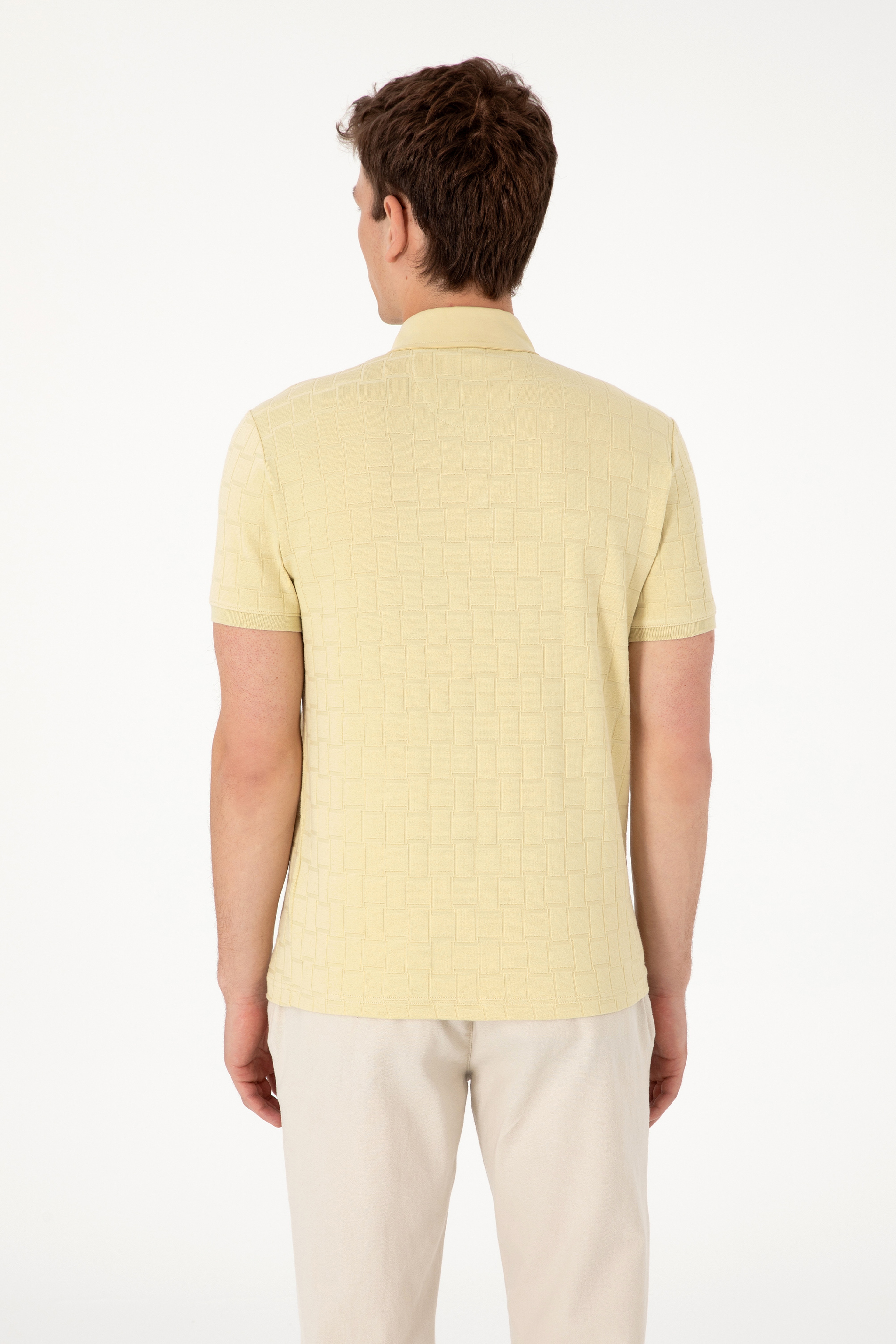 Erkek Slim Fit Polo Yaka Cepli Açık Haki Dokulu Tişört - Image 5