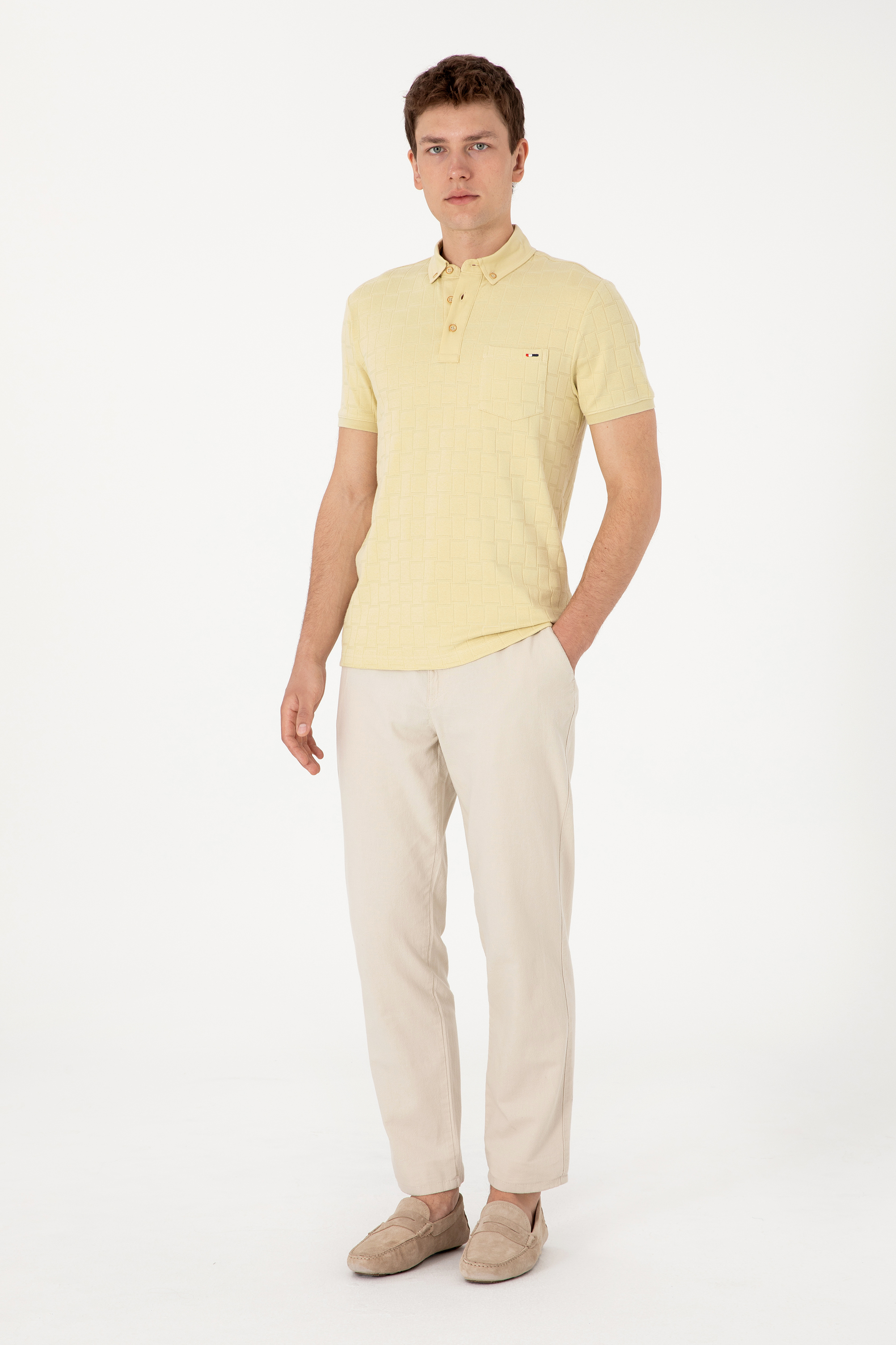 Erkek Slim Fit Polo Yaka Cepli Açık Haki Dokulu Tişört - Image 4
