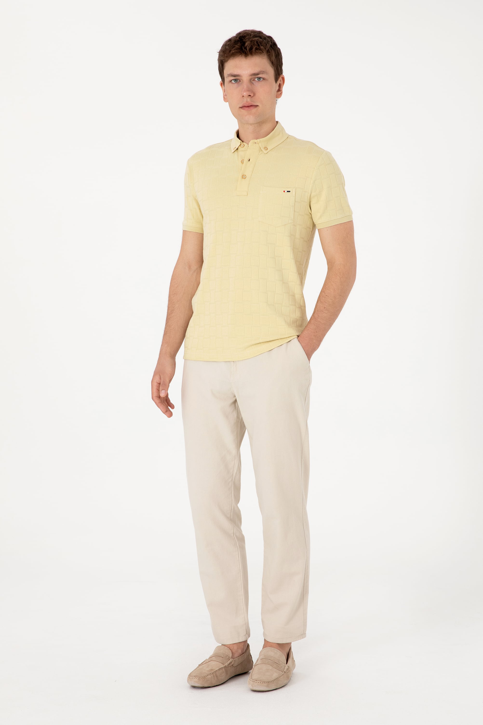 Erkek Slim Fit Polo Yaka Cepli Açık Haki Dokulu Tişört